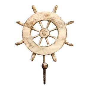 Whitewashed Ships Wheel with Single Wall Hook Wood 9 Inches